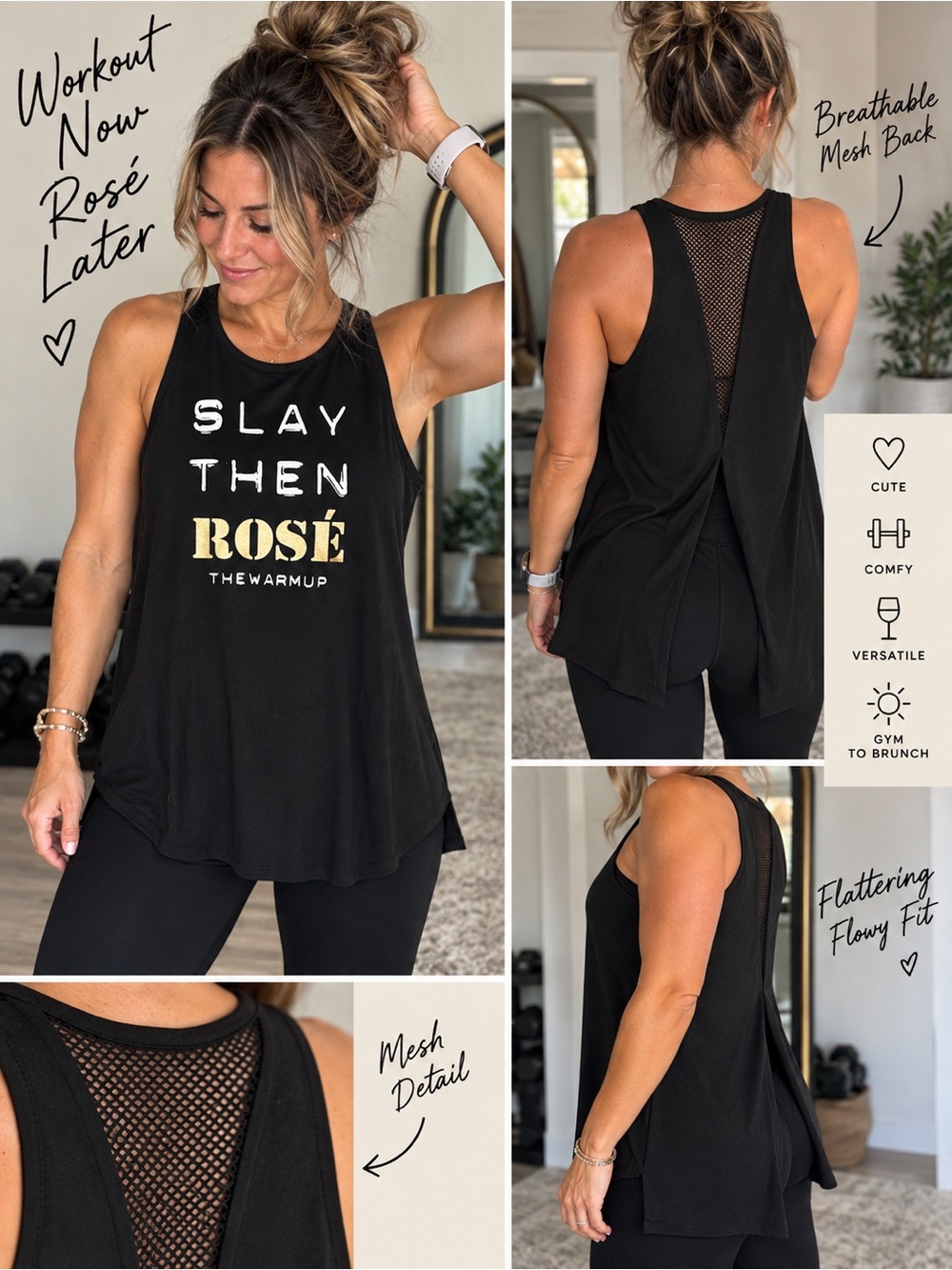 Jessica Simpson Black 'Slay Then Rosé' Sleeveless Mesh-Back Tank